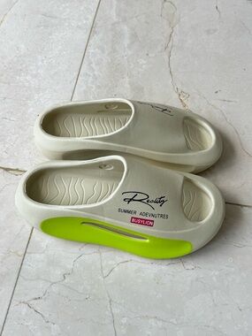 Women’s Slip-On Sandals in Cream with Neon Green Accent